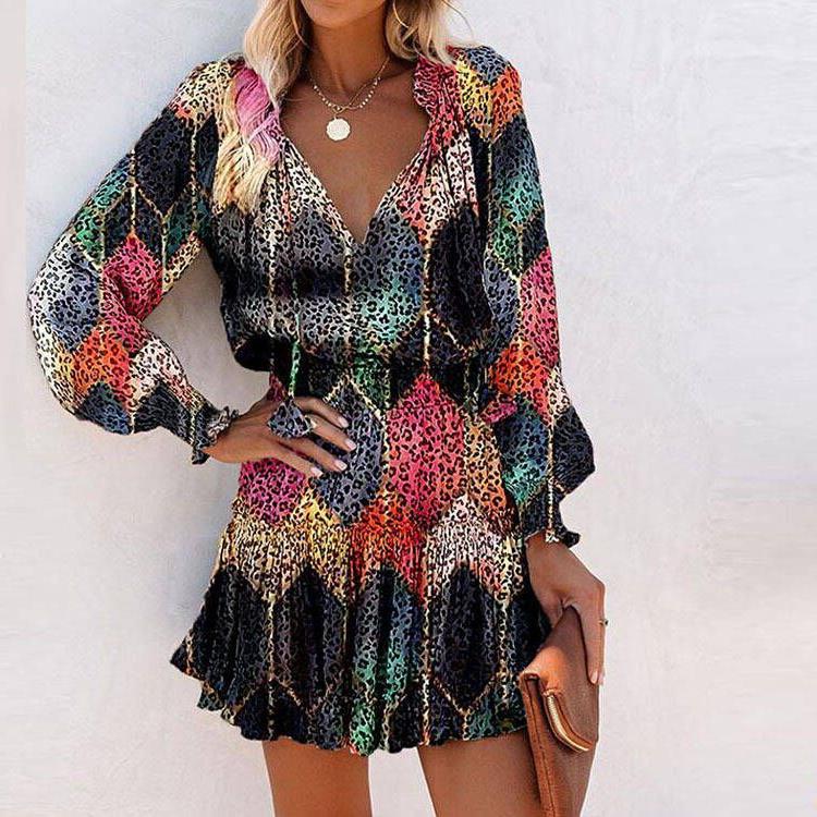 Ladies mini playful dress with colorful pattern and flounced details Lune London