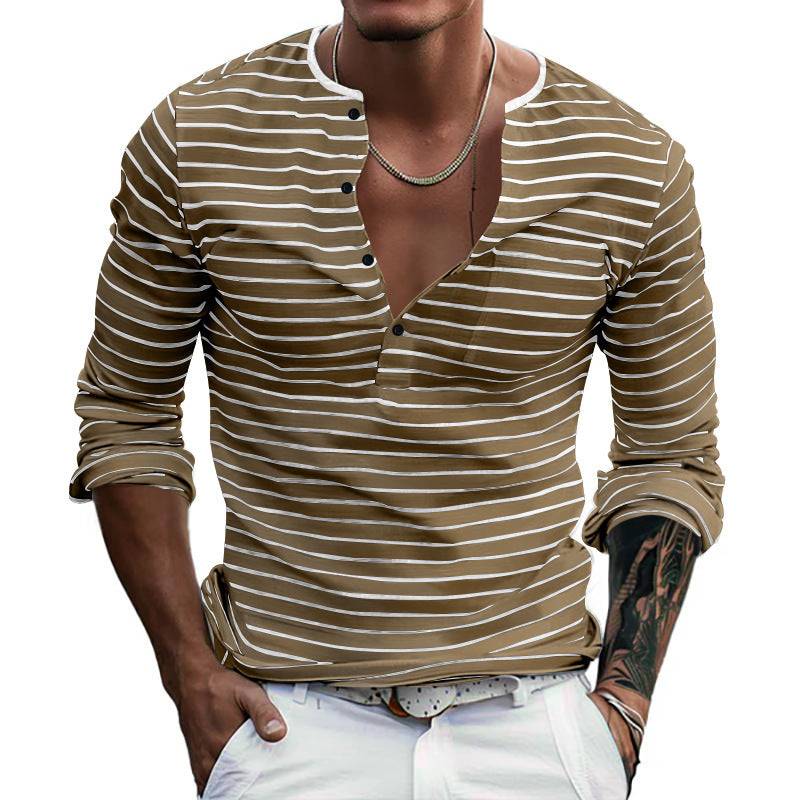 Striped long-sleeved shirt for men with button placket and V-neck Lune London