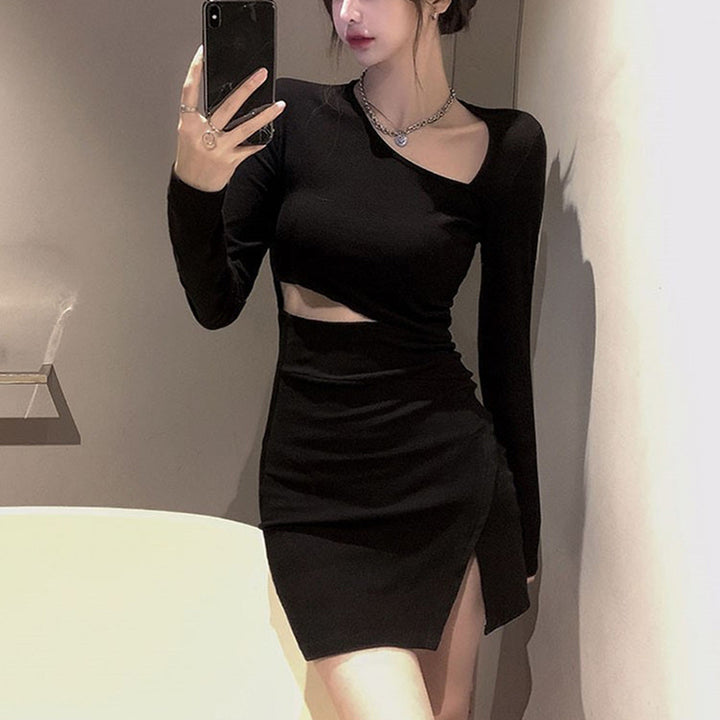 Women's dress with asymmetrical neckline and side slit