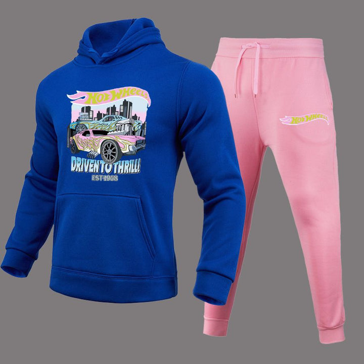 Comfortable hoodie and jogger pants set for women with striking car pattern Lune London
