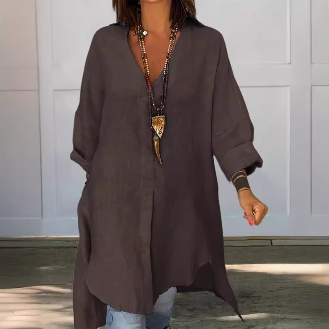 Women's Casual Linen Blouse with Full Button Placket and Cuffable Sleeves Lune London
