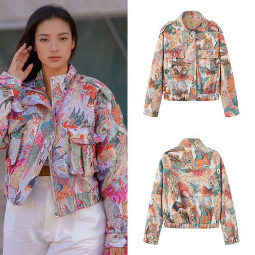 Women's utility jacket with colorful animal print and practical pockets Lune London