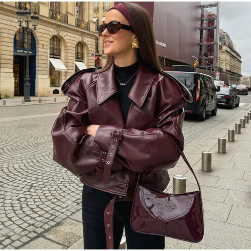 Trendy faux leather jacket for women with an oversized fit and structured shoulders Lune London