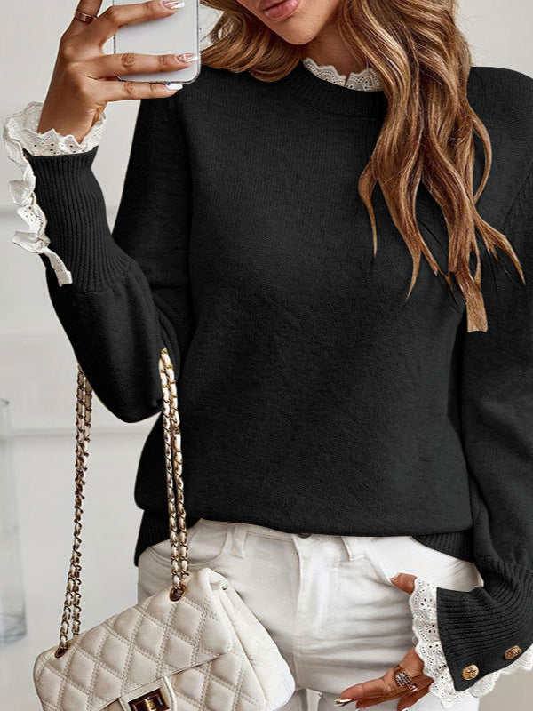 Pull fin pour femmes avec des manches en dentelle décoratives et des détails de bouton élégants Chic & Stil