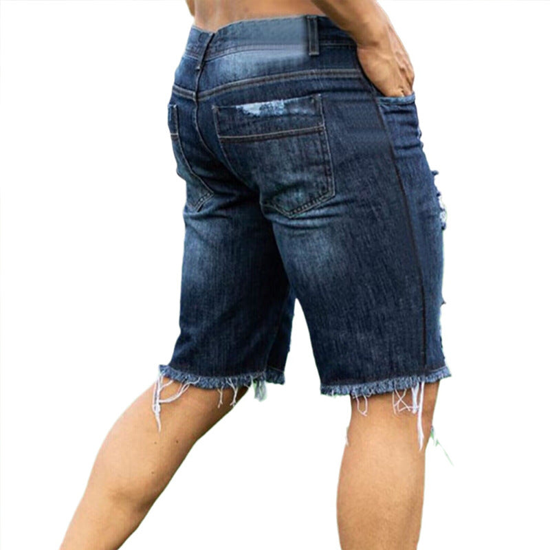 Men's Destroyed Denim Shorts with Irregular Hem and Fashionable Ripped Details Lune London
