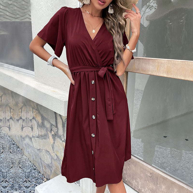 Lune London Women's Wrap Button Midi Dress with Belt Pouch