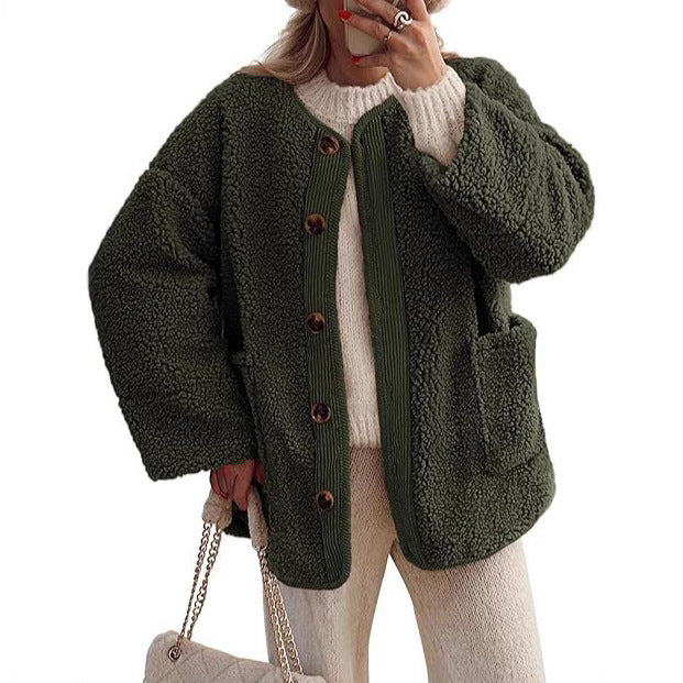 Ladies cozy fleece jacket with Moon London button details