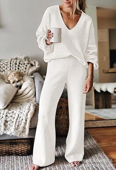 Dames Ensemble tricot confortable avec décolleté en V et jambe large Lune London