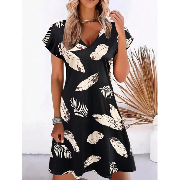 Ladies V-Neck Tropical Print A-Line Dress Lune London
