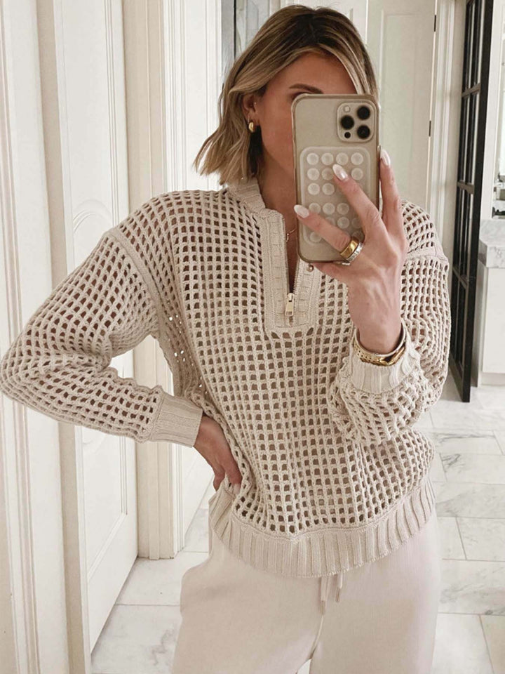 Casual knitted sweater for women with zipper and airy mesh structure Lune London