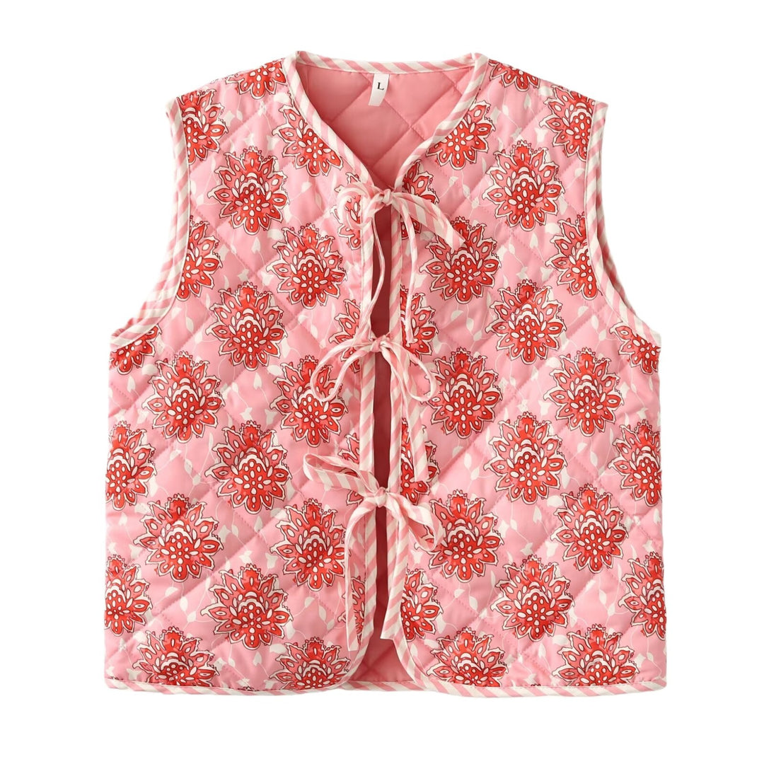 Ladies quilted gilet with floral patterns and tie Lune London
