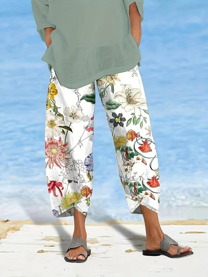 Casual women’s pants with floral pattern and elastic waistband Lune London