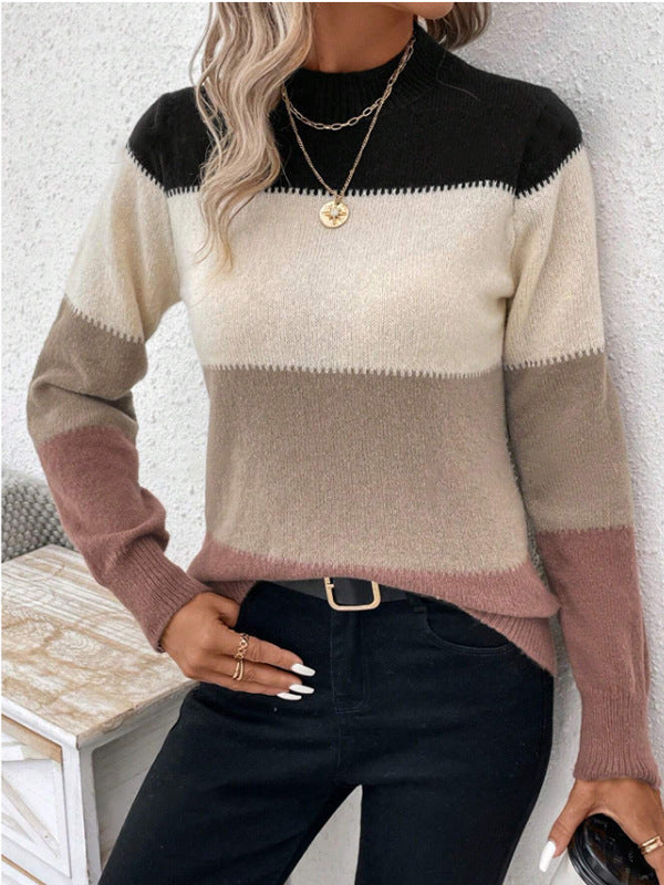Lune London | Women's fashionable knitted sweater with trendy block stripes and standing collar