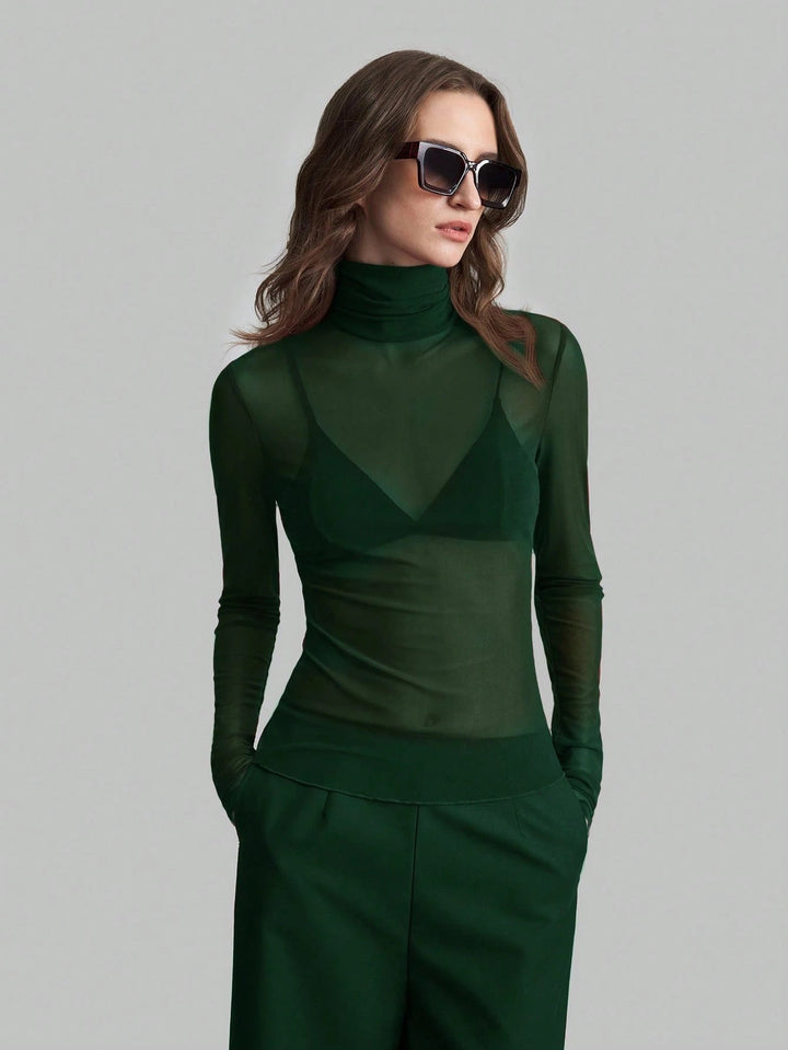 Women's Transparent Turtleneck Blouse with Shaping Cut Lune London