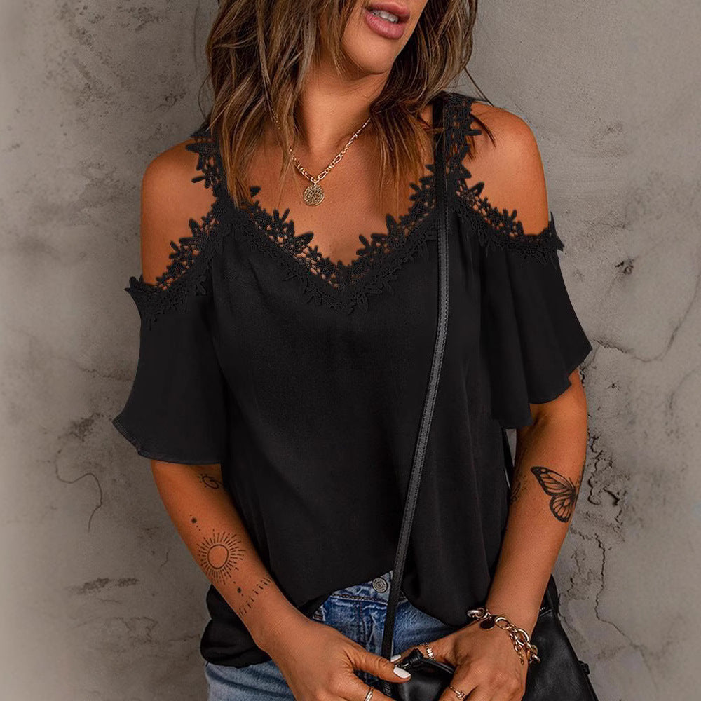Ladies Top with Lace Detail Cold Shoulder Lune London
