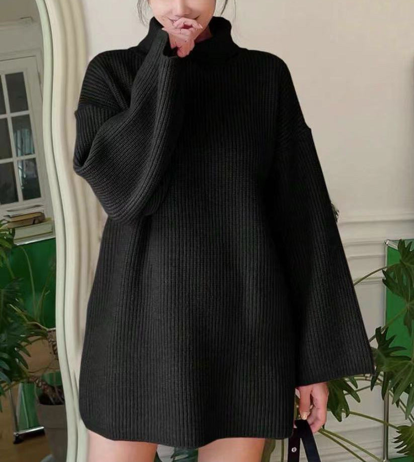 Ladies Long Knit Sweater with High Collar and Flared Sleeves Lune London