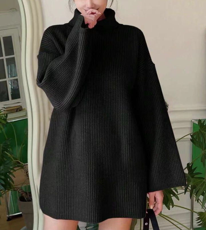 Ladies Long Knit Sweater with High Collar and Flared Sleeves Lune London