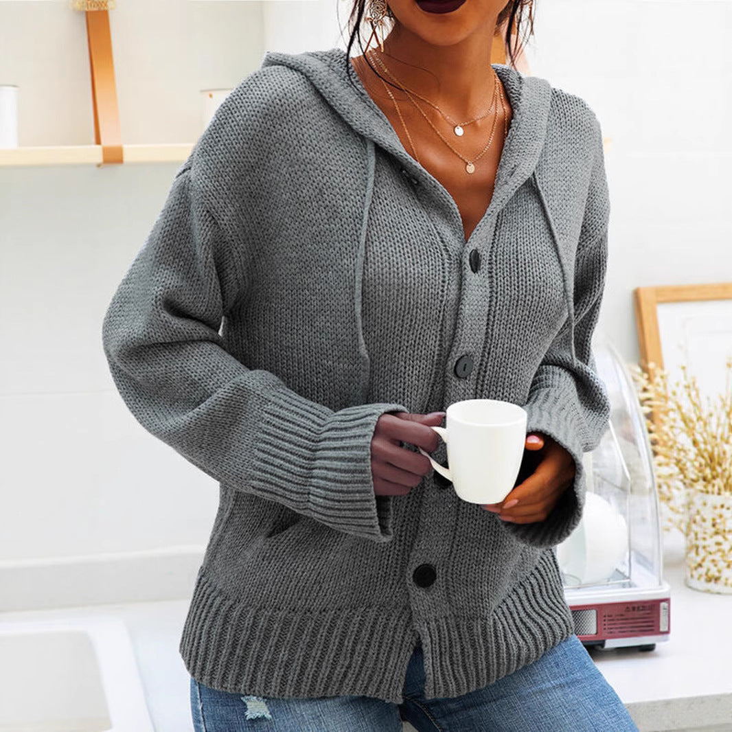 Ladies chunky knit cardigan with hood and practical pockets Lune London