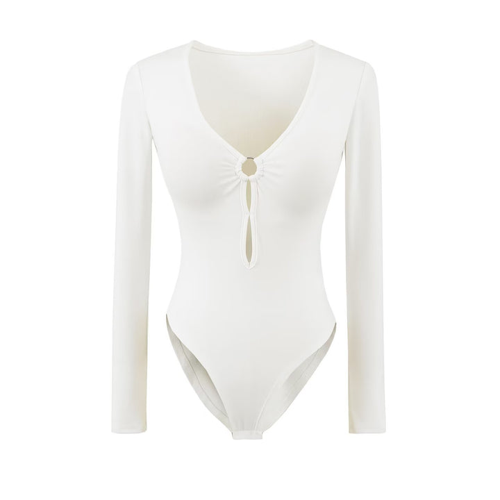 Long sleeve women's body with elegant V-neck and decorative ring detail Lune London