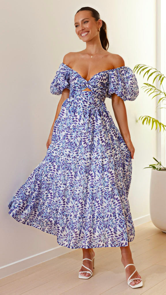 Maxi dress for women with a sophisticated design featuring off-the-shoulder and voluminous puff sleeves Chic & Stil