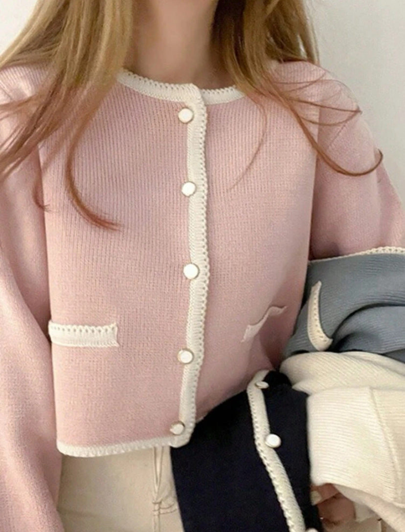 Women Knitted Short Cardigan with Beaded Collar and Pockets Lune London