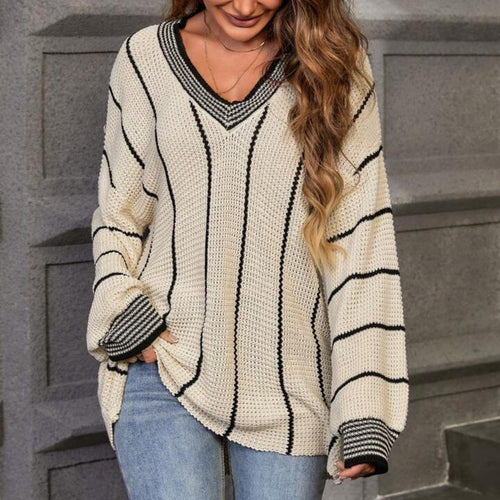 Casual sweater for women with V-neck and stripes Lune London