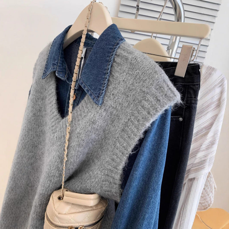 Pull en tricot à col en V stylé pour femmes avec superposition en denim décontractée
