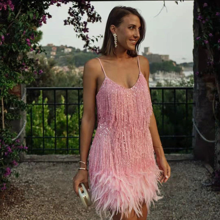 Lune London | Neckline Strap Dress with Feather Embroidery