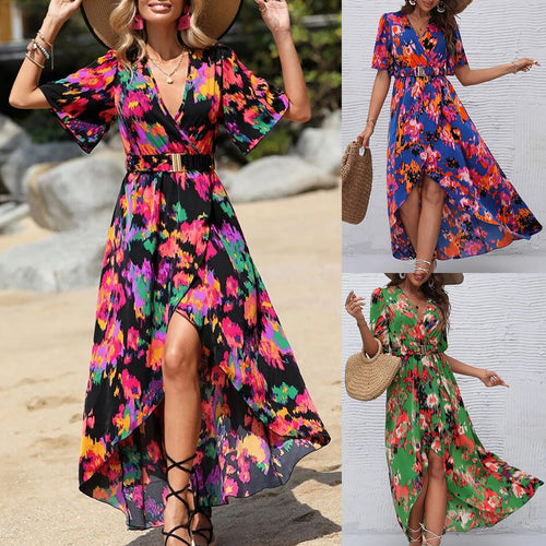 Maxi floral dress with long sleeves for women with belt pouch Lune London