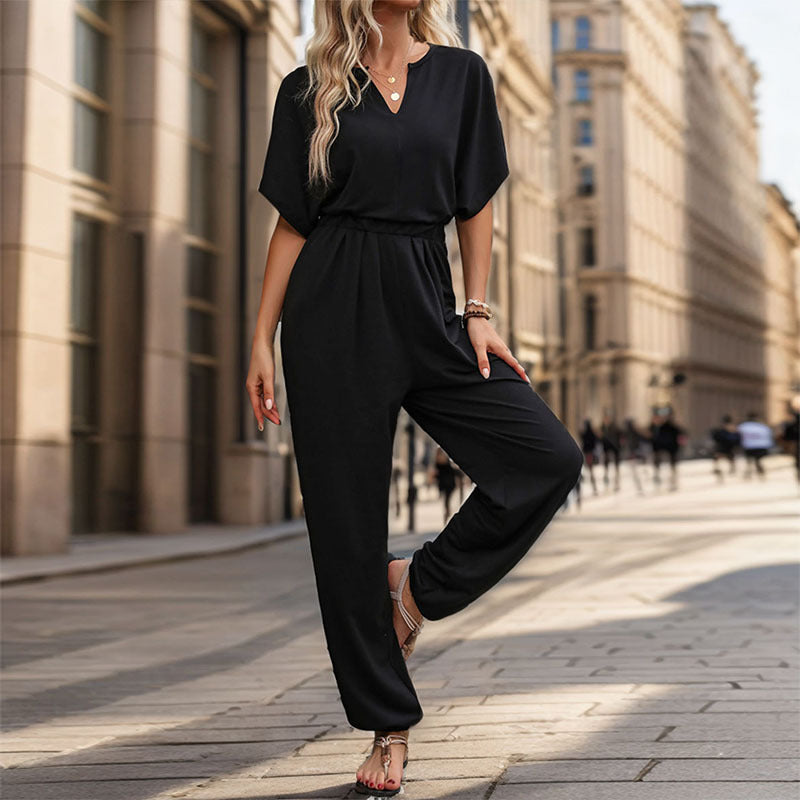 Ladies Elegant V Neck Jumpsuit with Elastic Waist and Wide Legs Lune London