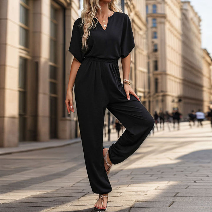 Ladies Elegant V Neck Jumpsuit with Elastic Waist and Wide Legs Lune London