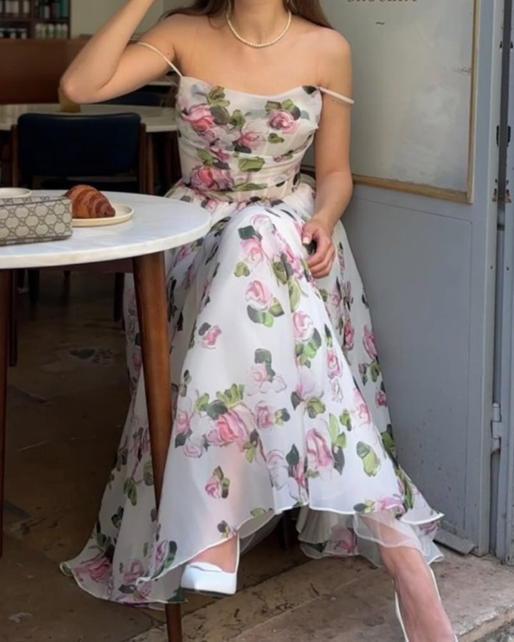 Women's Semi-transparent Evening Dress with Floral Pattern and Straps Lune London
