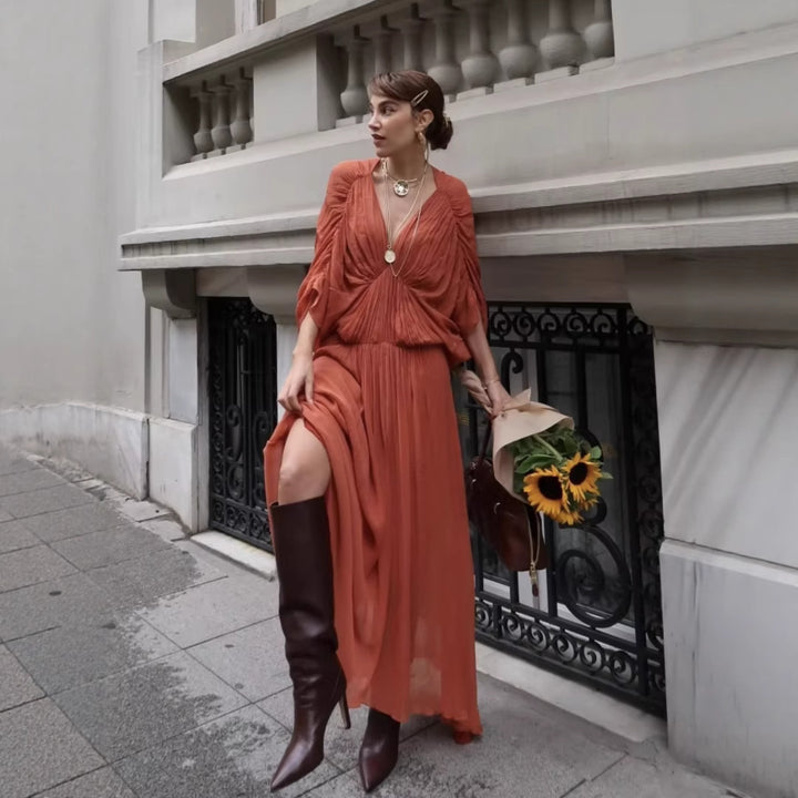 Maxi dress for women with a fluid and elegant draped silhouette Lune London