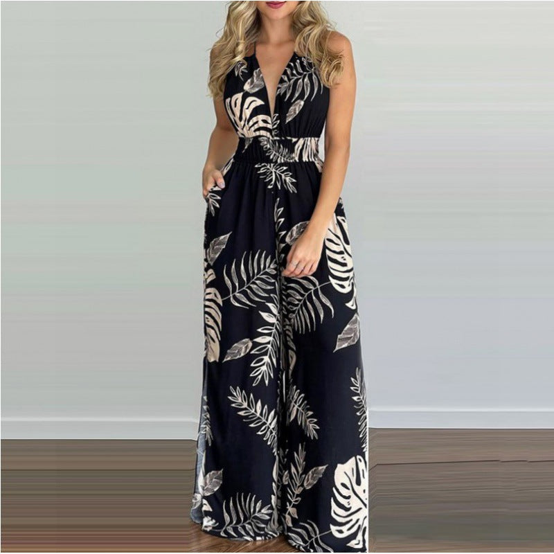 Ladies Tropical Print Jumpsuit High Split Lune London