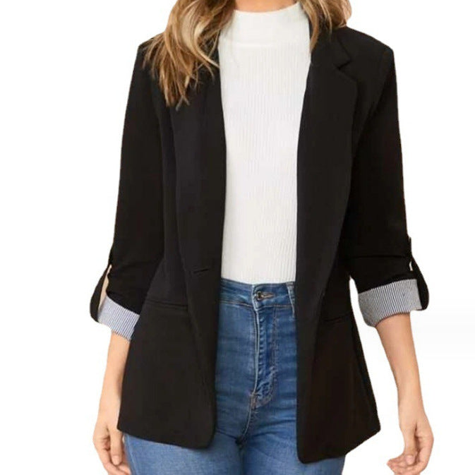 Fashionable women's blazer with roll-up sleeves and textured details Lune London