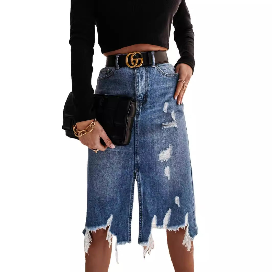 Lune London destroyed denim midi skirt for women with fringes