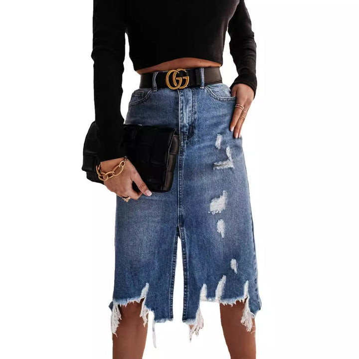 Lune London destroyed denim midi skirt for women with fringes