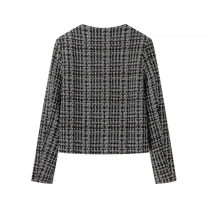 Ladies elegant short jacket in a trendy tweed style with gold button details Lune London