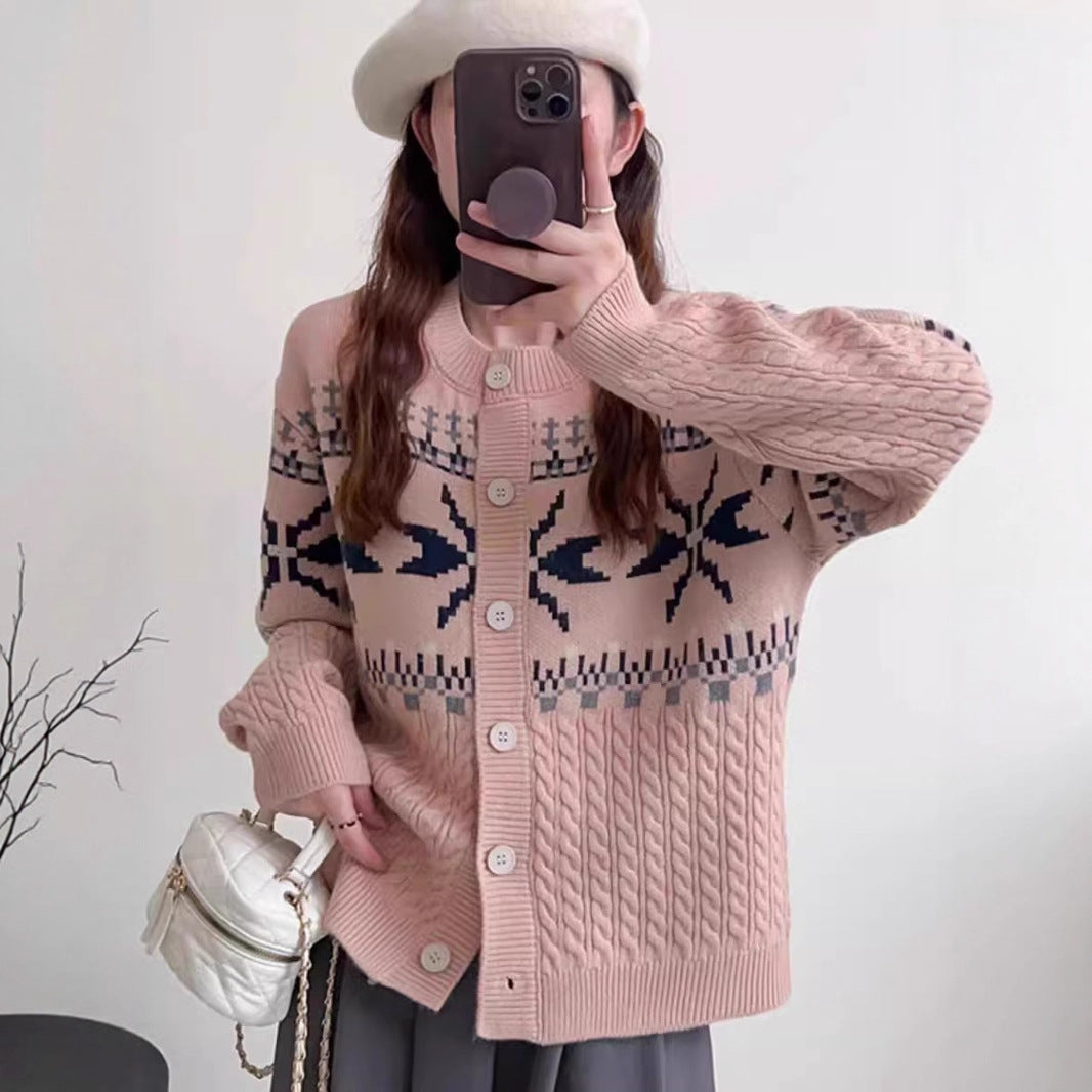 Women's knitted jacket with traditional patterns and large buttons Lune London