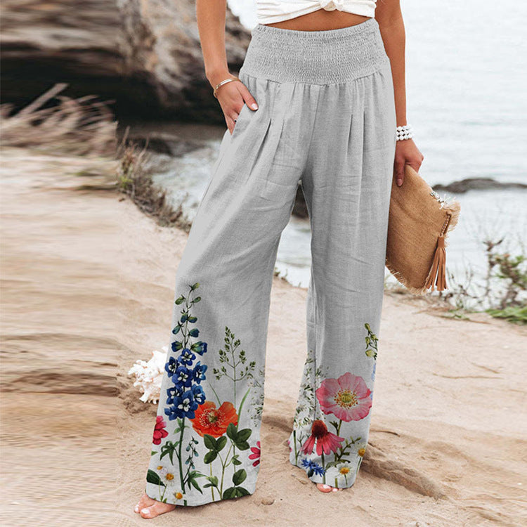 Palazzo pants for women with floral pattern and elastic waist Lune London
