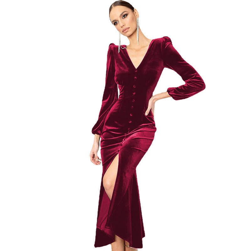 Maxi velvet dress for women with deep V-neckline and button details Lune London