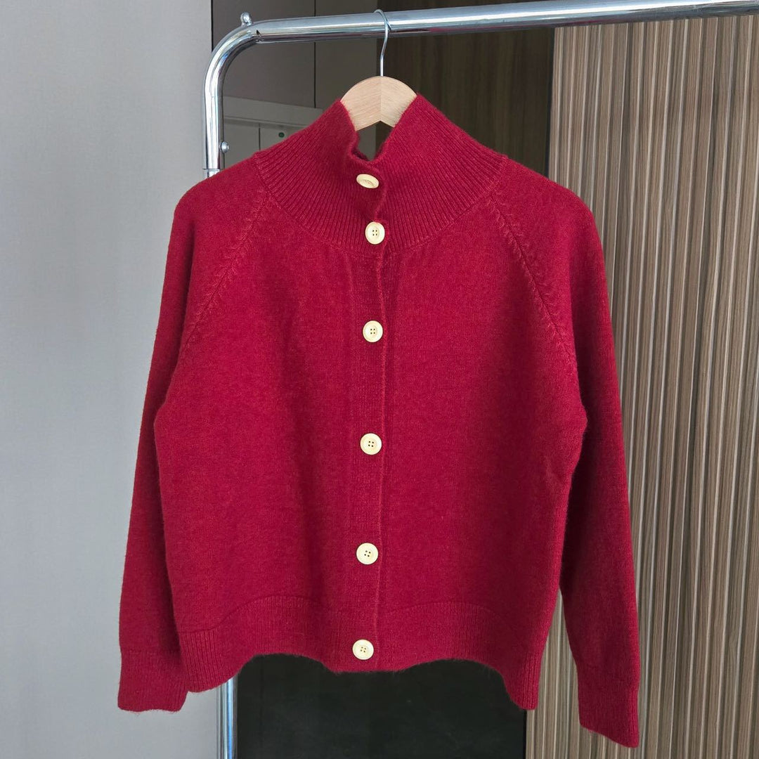 Knit jacket for women with high collar and large buttons Lune London