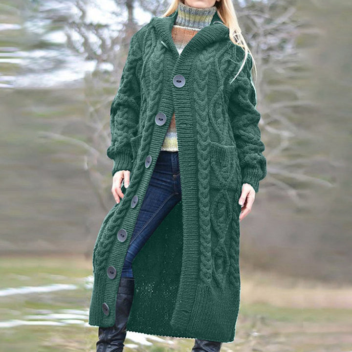 Women Long Knitted Coat with Hood and Classic Braid Design Lune London