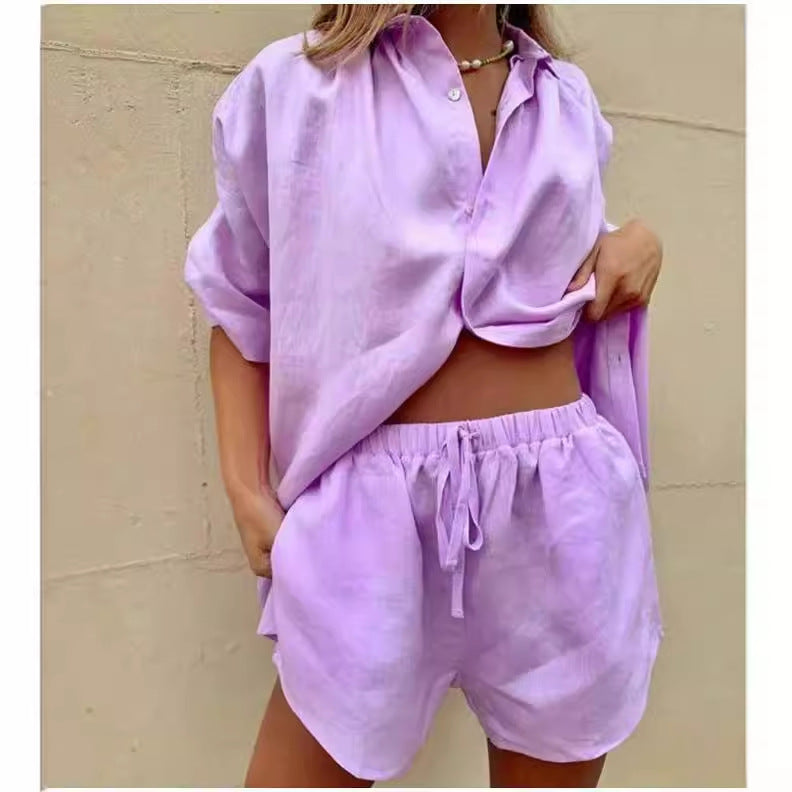 Women's Linen Blouse and Shorts Set with Relaxed Fit and Elastic Waistband Chic und Stil