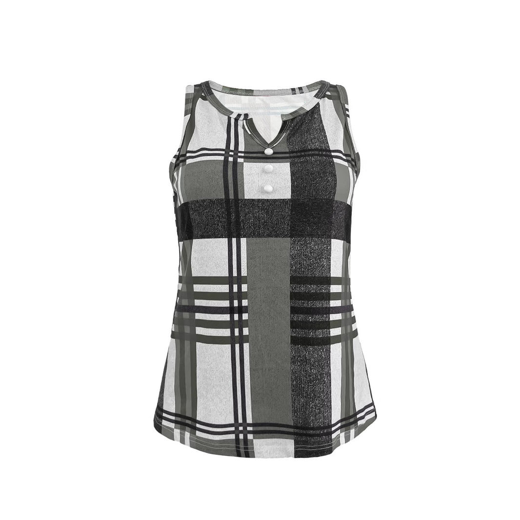 Sleeveless top for women with V-neck, decorative button detail, and modern plaid pattern Lune London