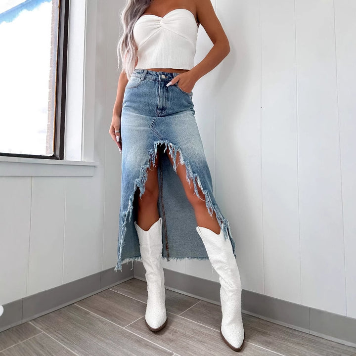 High-waisted denim skirt for women with fringes and slit Lune London