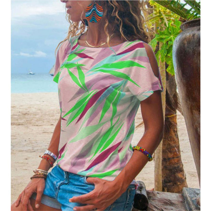 T-shirt pour femme avec coupe asymétrique et motif de feuilles colorées Chic & Stil