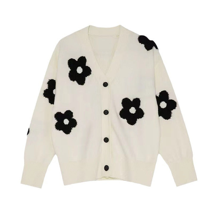 Women's knit jacket with floral appliqués and discreet V-neck Lune London