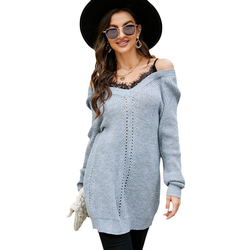 Casual knit sweater for women with a deep V-neckline and off-the-shoulder Lune London
