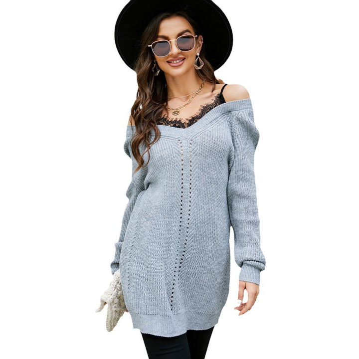 Casual knit sweater for women with a deep V-neckline and off-the-shoulder Lune London